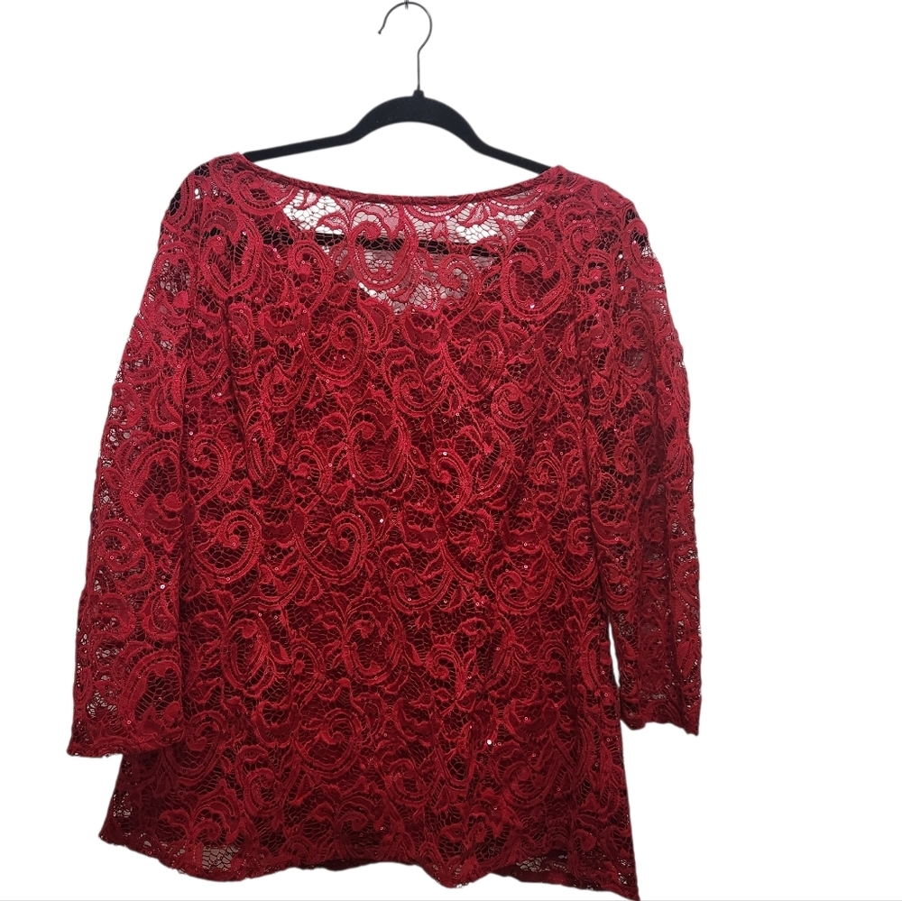 ONYX NITE Red Sequin & Lace Top Blouse 3/4 Sleeves Lined Size XL Holiday Party